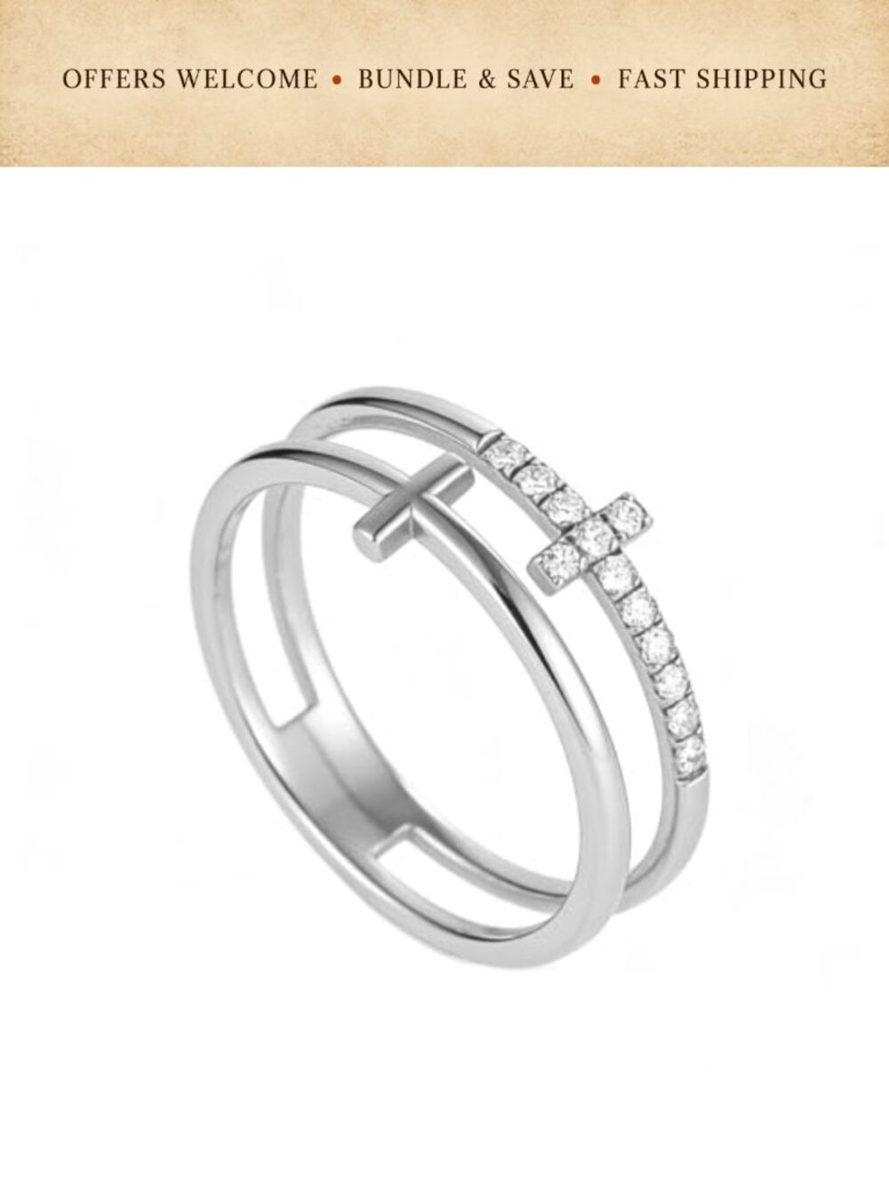 18k Gold Plated 925 Sterling Silver Cross Ring CZ Stackable Statement